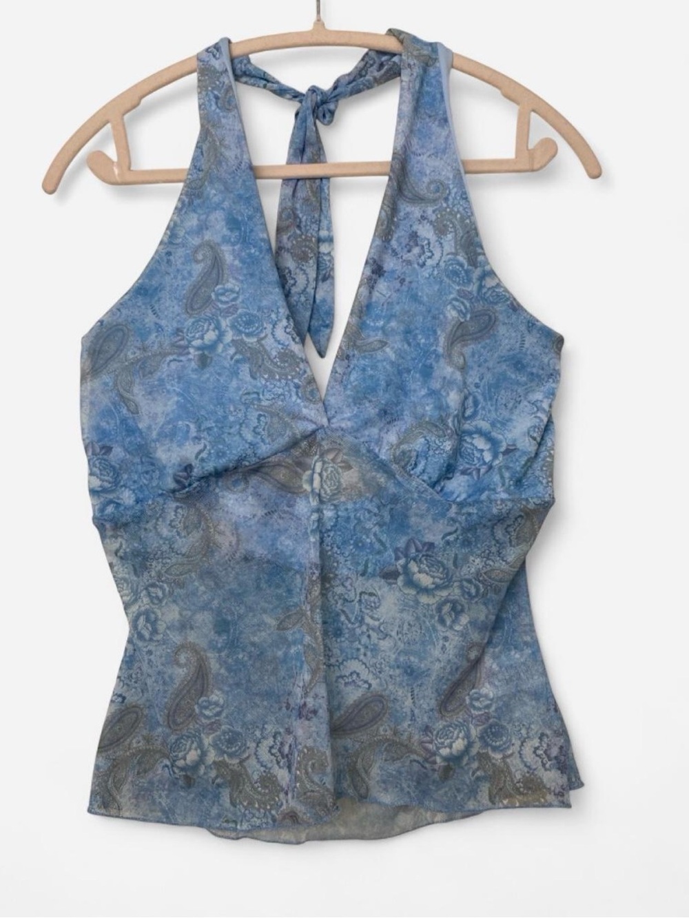 Y2k Blue Mesh Paisley Halter Tank Top